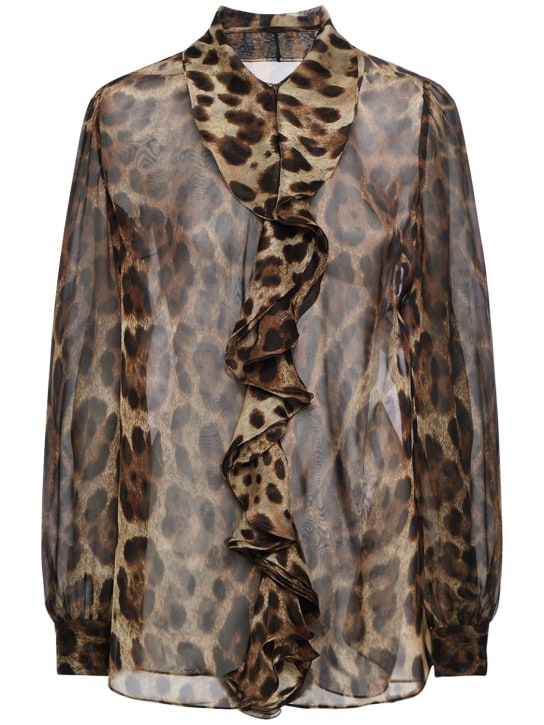 Dolce&Gabbana: Leopard print ruffled silk chiffon shirt - Multicolor - women_0 | Luisa Via Roma
