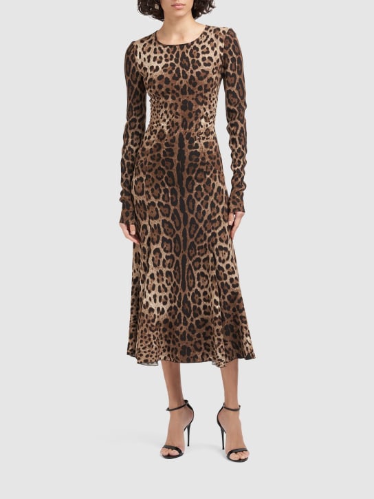 Dolce&Gabbana: Leopard print cady midi dress - Multicolor - women_1 | Luisa Via Roma