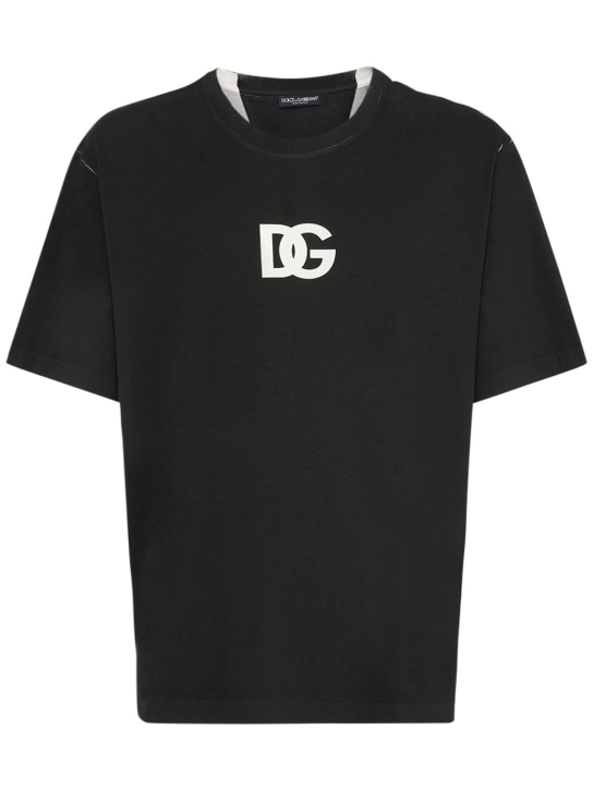 Dolce&Gabbana: Logo cotton jersey t-shirt - Siyah - men_0 | Luisa Via Roma
