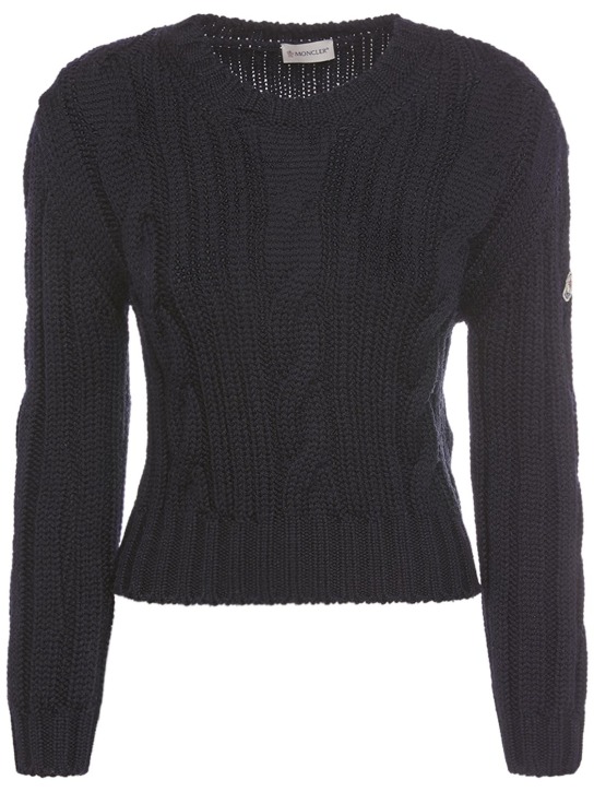 Moncler: Tricot wool crewneck sweater - Lacivert - women_0 | Luisa Via Roma