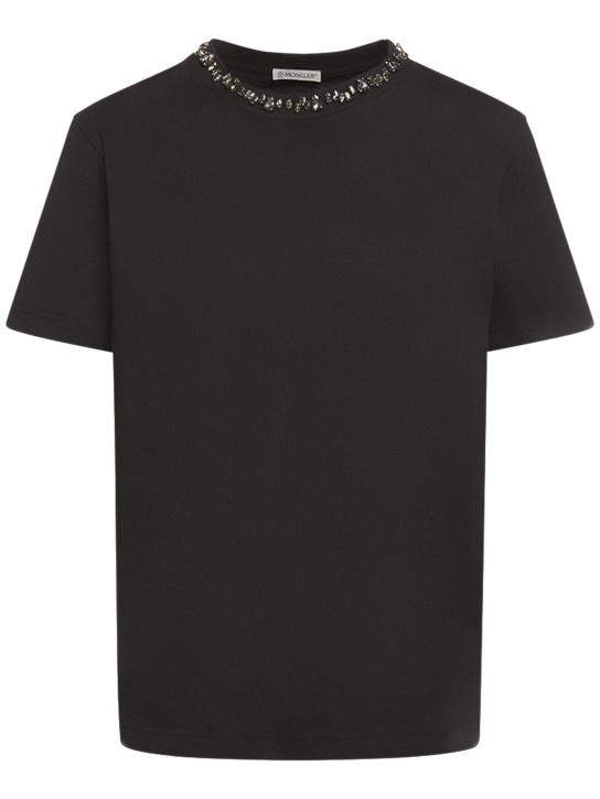 Moncler: 装饰棉质平纹针织T恤 - 黑色 - women_0 | Luisa Via Roma