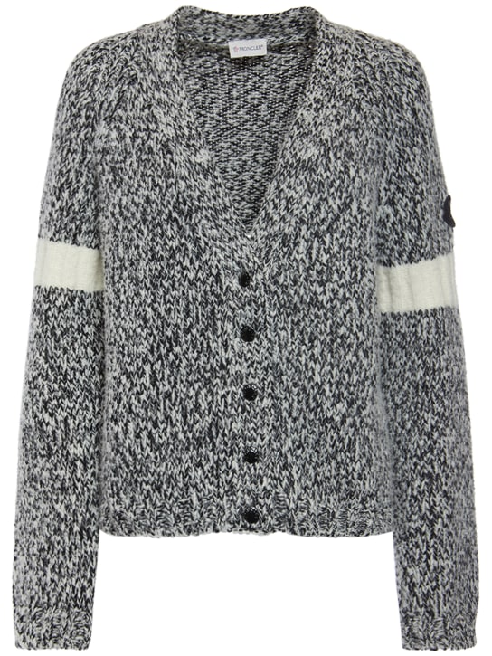 Moncler: Tricot wool blend cardigan - Black/White - women_0 | Luisa Via Roma