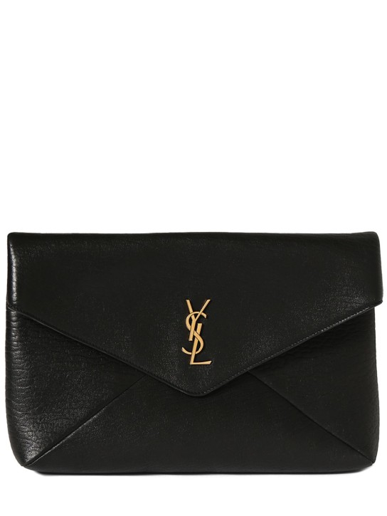 Saint Laurent: Large Cassandre leather envelope pouch - Black - women_0 | Luisa Via Roma