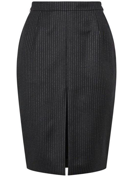 Saint Laurent: Pinstriped wool blend midi skirt - Black/Silver - women_0 | Luisa Via Roma
