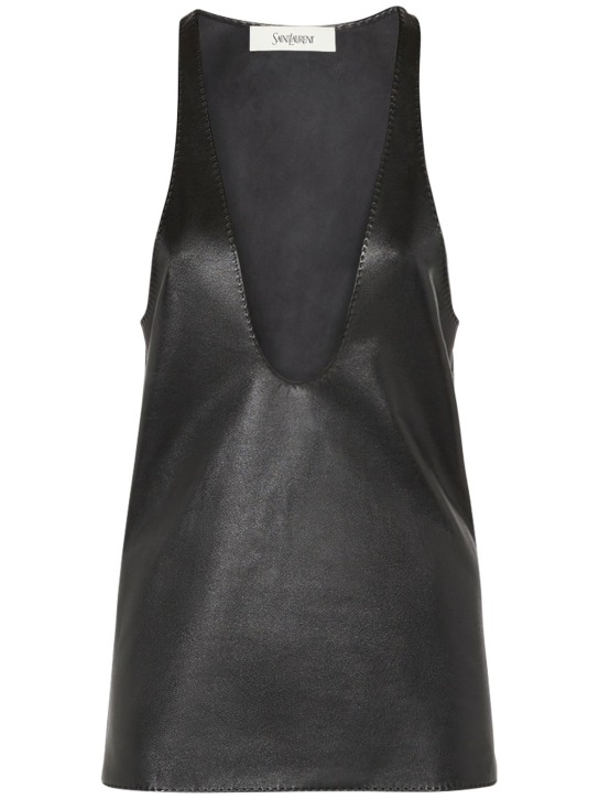 Saint Laurent: Scoop neck leather tank top - Black - women_0 | Luisa Via Roma