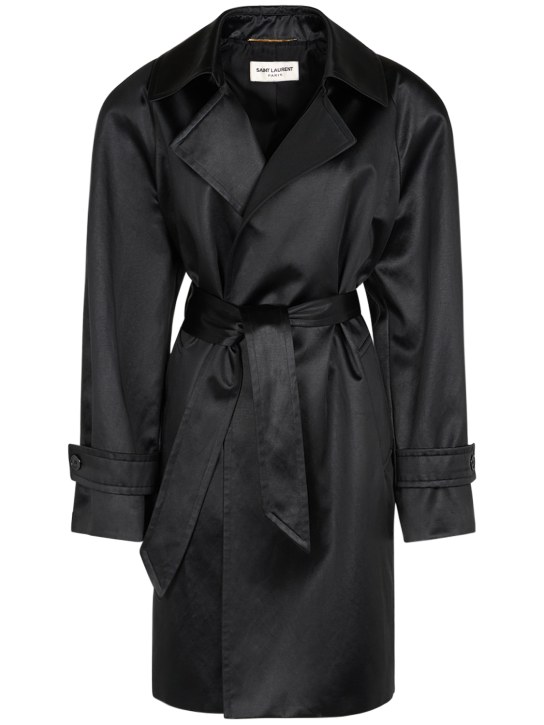Saint Laurent: Trench-coat en coton mélangé avec ceinture - Noir - women_0 | Luisa Via Roma
