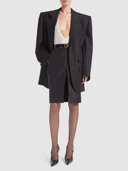 Saint Laurent: Double breast wool & cotton jacket - Noir Craie - women_1 | Luisa Via Roma