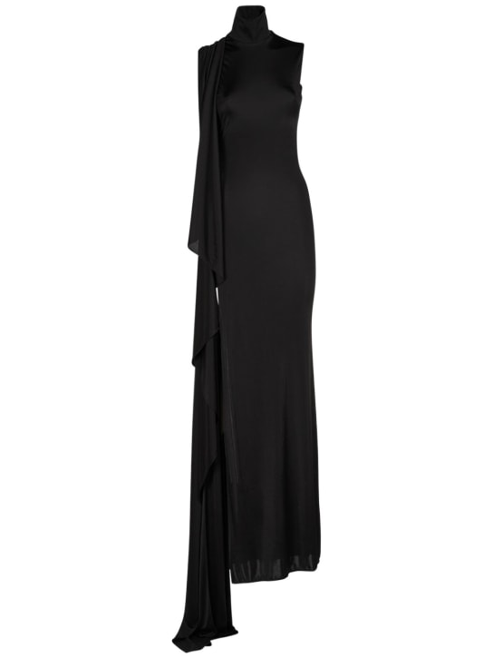 Saint Laurent: 垂褶粘胶纤维长款连衣裙 - 黑色 - women_0 | Luisa Via Roma