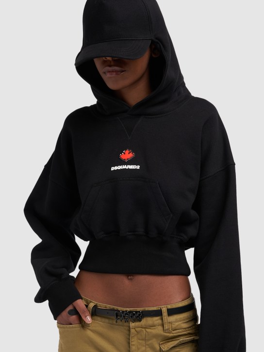 Dsquared2: Printed logo crop sweatshirt w/ hood - Black - women_1 | Luisa Via Roma