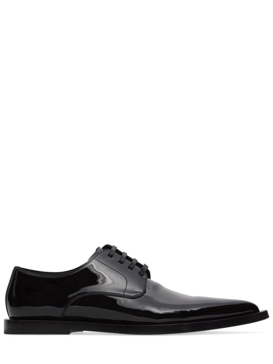 Dolce&Gabbana: Chaussures derby en cuir verni Achille - Noir - men_0 | Luisa Via Roma