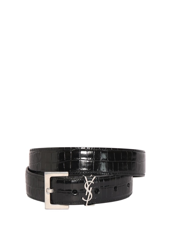 Saint Laurent: 3cm Croc embossed leather belt - Black - men_0 | Luisa Via Roma