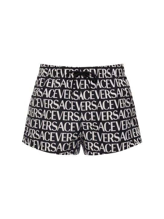 Versace: 모노그램 프린트 나일론 수영복 - 블랙/화이트 - men_0 | Luisa Via Roma