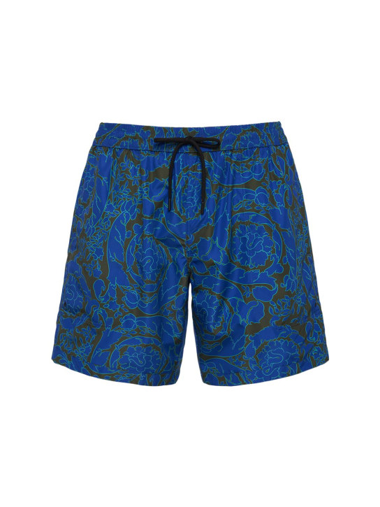Versace: Barocco printed nylon swim shorts - Khaki/Blu - men_0 | Luisa Via Roma