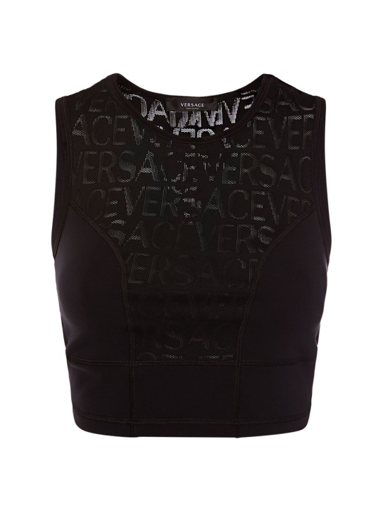 Versace: Crop top con logo jacquard - Nero - women_0 | Luisa Via Roma