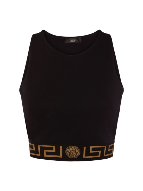 Versace: Bauchfreies Crop-Top aus Jersey mit Logo - Schwarz/Gold - women_0 | Luisa Via Roma