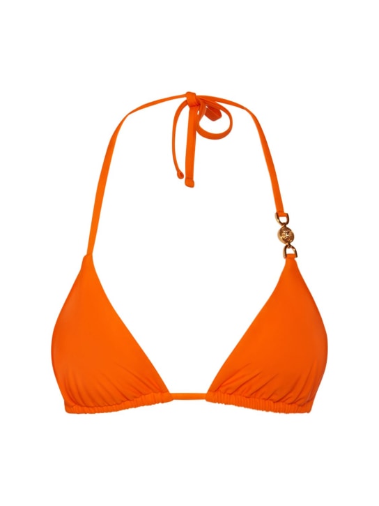 Versace: Top bikini a triangolo con logo in metallo - Arancione - women_0 | Luisa Via Roma
