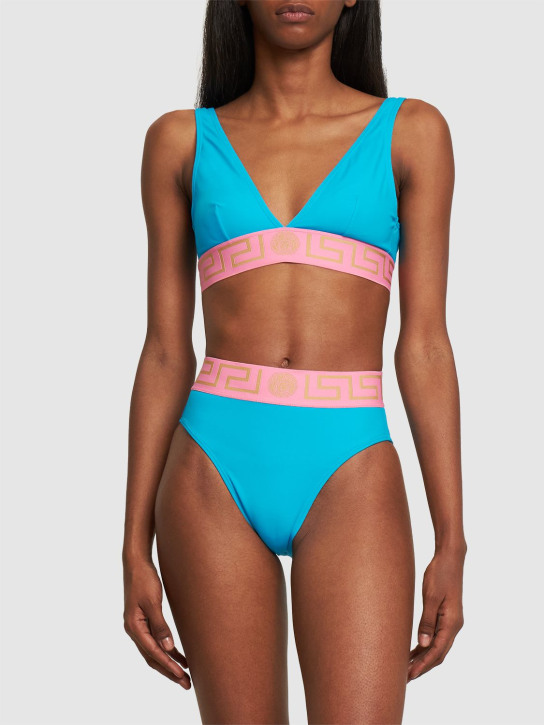 Versace: Top bikini a triangolo con logo - Blu/Rosa - women_1 | Luisa Via Roma