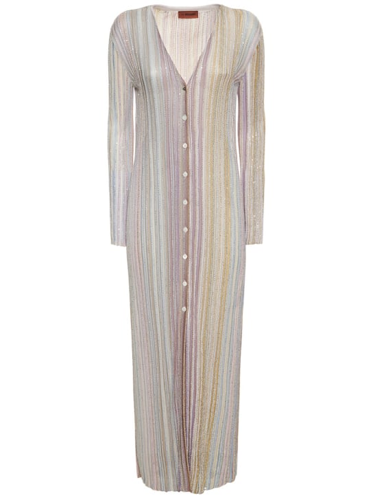 Missoni: Sequined striped knit long cardigan - Beige/Lilac/Powder - women_0 | Luisa Via Roma