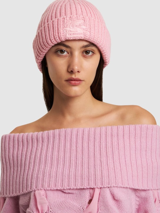 Etro: Cappello beanie in lana con logo - Rosa - women_1 | Luisa Via Roma