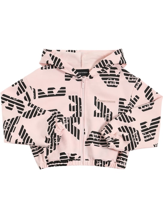 Emporio Armani: Sweat-shirt en coton imprimé logo à capuche - Rose/Noir - kids-girls_0 | Luisa Via Roma