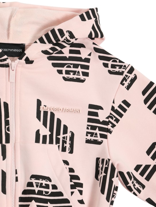 Emporio Armani: Sweat-shirt en coton imprimé logo à capuche - Rose/Noir - kids-girls_1 | Luisa Via Roma