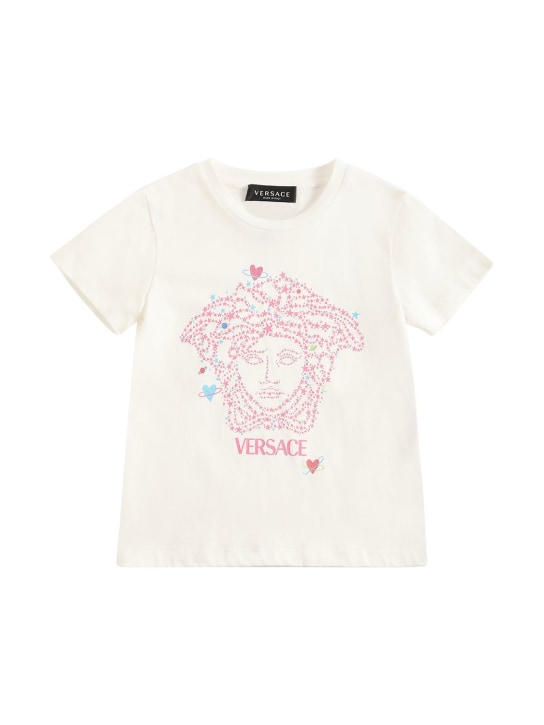 Versace: T-Shirt aus Baumwolljersey mit verziertem Logo - Weiß - kids-girls_0 | Luisa Via Roma