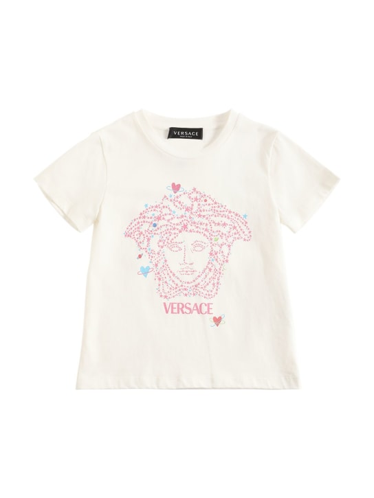 Versace: T-Shirt aus Baumwolljersey mit Glitzer-Logo - Weiß - kids-girls_0 | Luisa Via Roma