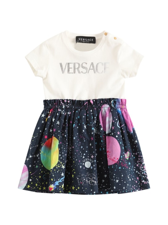 Versace: Logo棉质平纹针织连衣裙 - 白色/多色 - kids-girls_0 | Luisa Via Roma