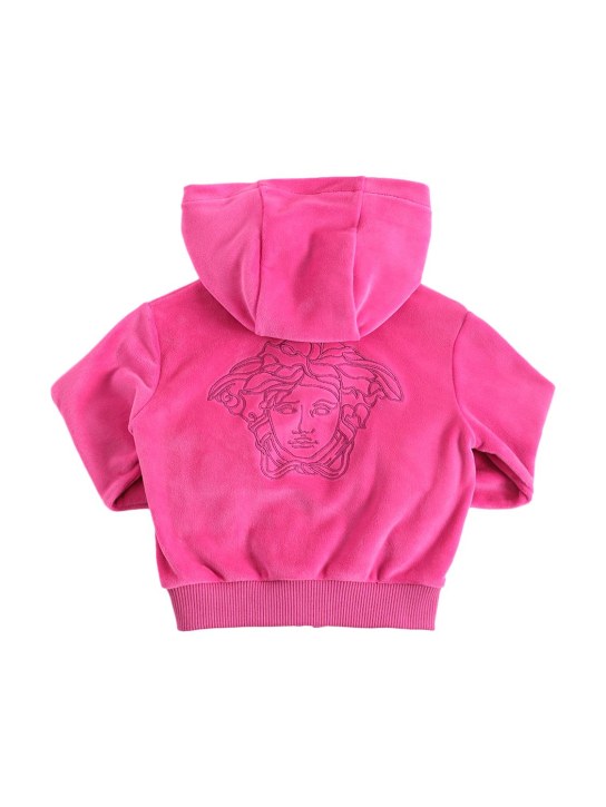 Versace: Embroidered logo velvet hoodie - Fuchsia - kids-girls_0 | Luisa Via Roma