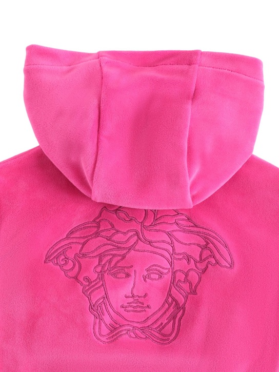 Versace: Embroidered logo velvet hoodie - Fuşya - kids-girls_1 | Luisa Via Roma