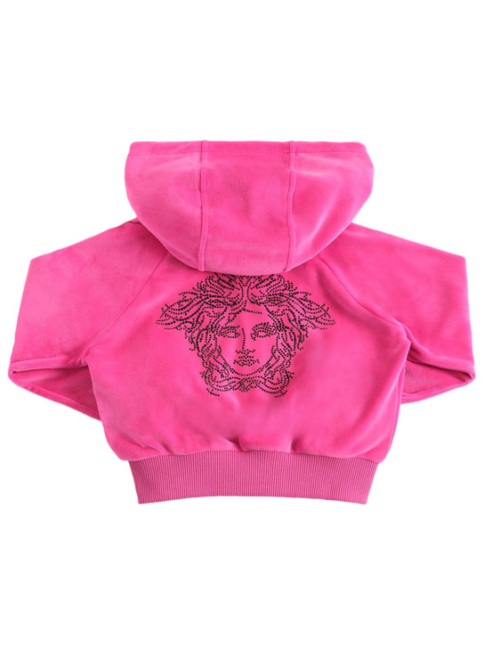 Versace: Embroidered logo velvet crop hoodie - Fuchsia - kids-girls_0 | Luisa Via Roma
