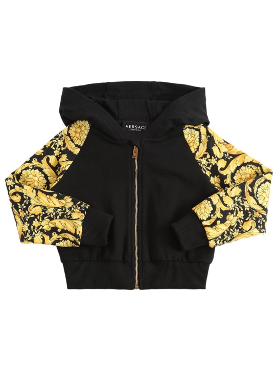 Versace: Barocco print cotton crop hoodie - Black/Gold - kids-girls_0 | Luisa Via Roma