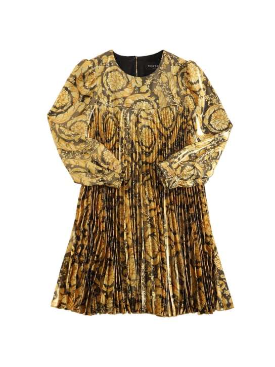 Versace: Baroque print pleated twill dress - Black/Gold - kids-girls_0 | Luisa Via Roma