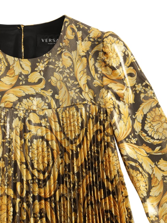 Versace: Baroque印花打褶斜纹连衣裙 - 黑色/金色 - kids-girls_1 | Luisa Via Roma