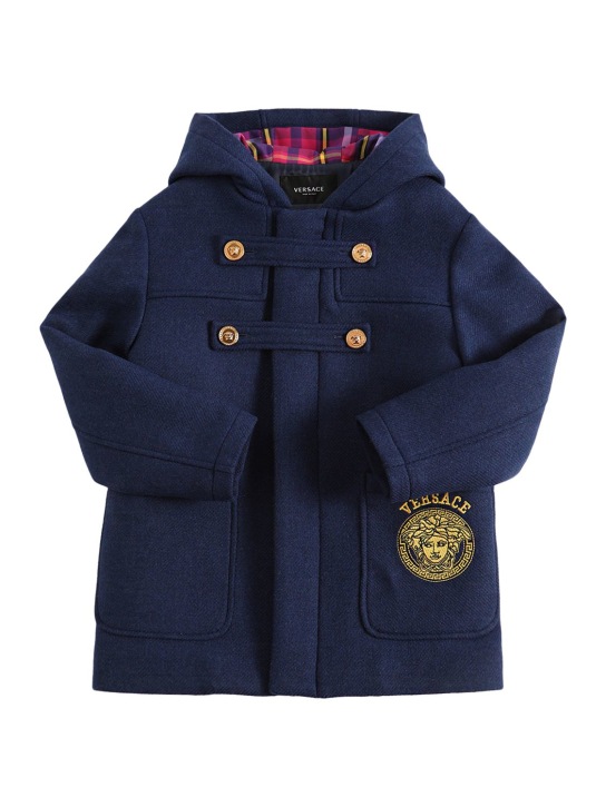 Versace: Trench-coat en laine à logo et doublure à carreaux - Bleu Marine - kids-girls_0 | Luisa Via Roma