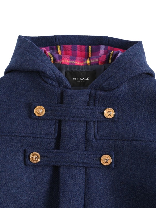 Versace: Trench-coat en laine à logo et doublure à carreaux - Bleu Marine - kids-girls_1 | Luisa Via Roma