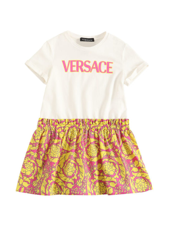 Versace: 바로코 프린트 코튼 저지 드레스 - 화이트/멀티 - kids-girls_0 | Luisa Via Roma