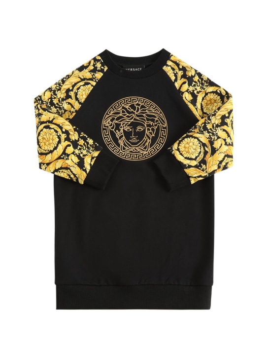 Versace: Barocco print cotton sweat dress w/logo - Black/Gold - kids-girls_0 | Luisa Via Roma