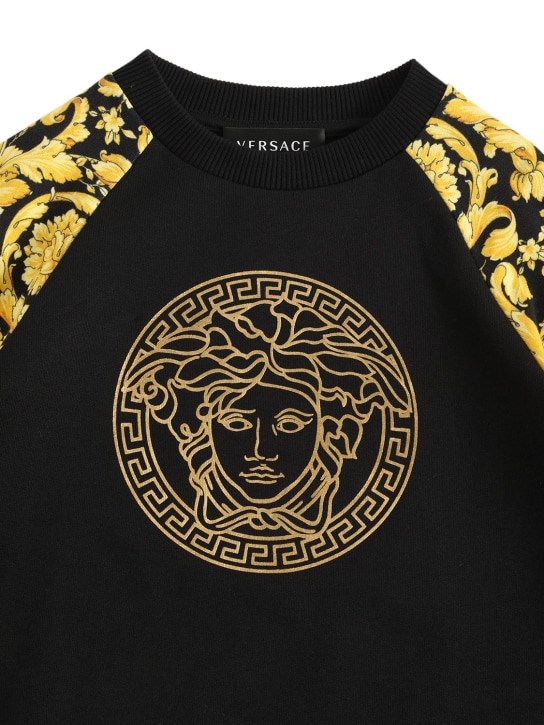 Versace: Vestido de algodón bicolor con logo - Negro/Dorado - kids-girls_1 | Luisa Via Roma