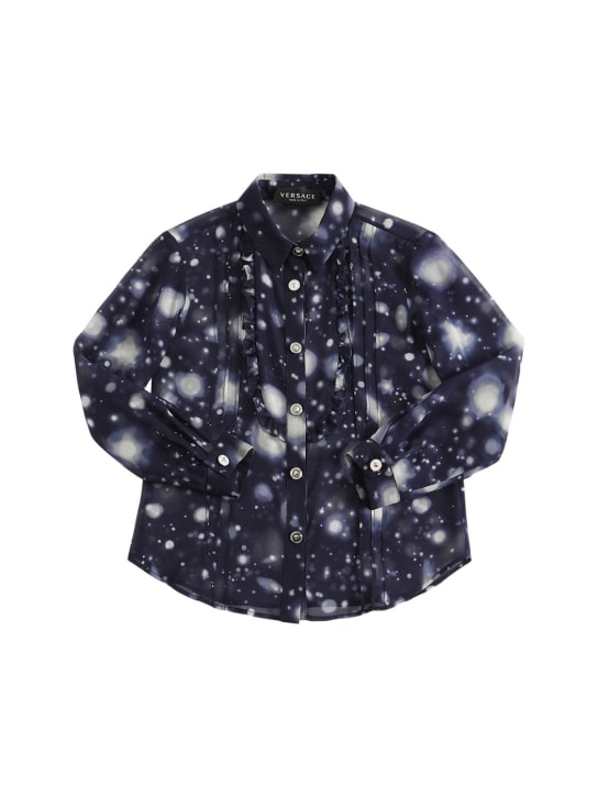 Versace: Solar system printed silk shirt - Mavi/Beyaz - kids-girls_0 | Luisa Via Roma
