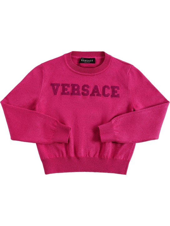 Versace: Maglia in cotone con ricamo logo - Fucsia - kids-girls_0 | Luisa Via Roma