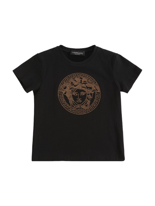 Versace: T-Shirt aus Baumwolle mit Kristalllogo - Schwarz/Gold - kids-girls_0 | Luisa Via Roma