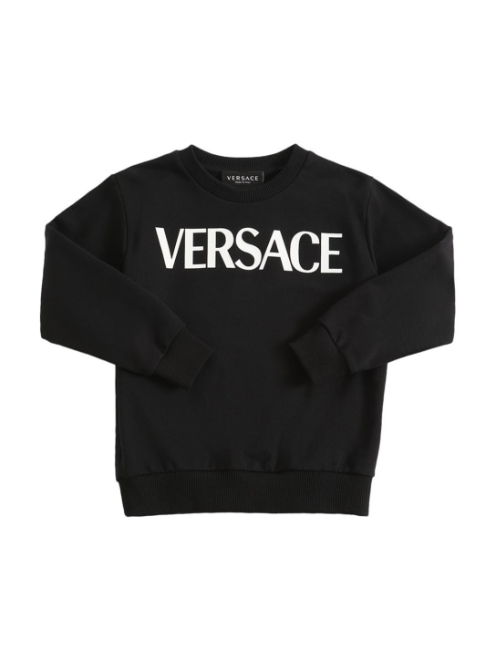 Versace: Sudadera de algodón con logo estampado - Negro - kids-boys_0 | Luisa Via Roma