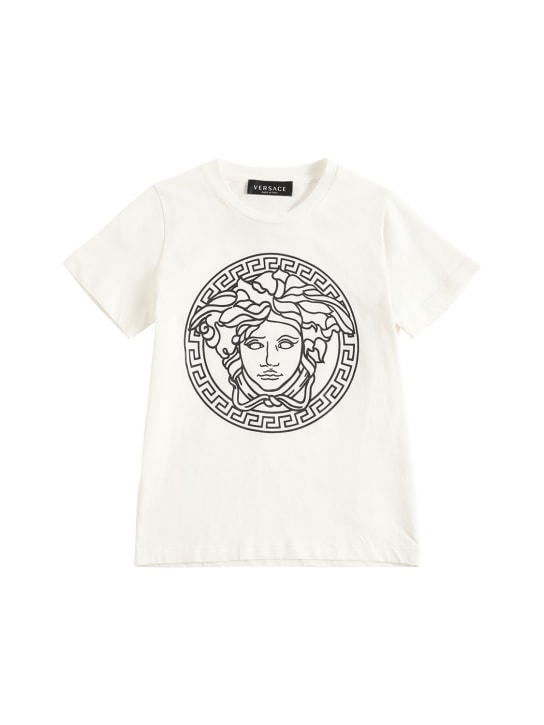 Versace: T-shirt en jersey de coton à imprimé logo - Blanc - kids-boys_0 | Luisa Via Roma