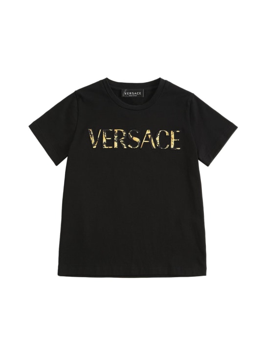 Versace: Logo embroidered cotton jersey t-shirt - Black/Gold - kids-girls_0 | Luisa Via Roma
