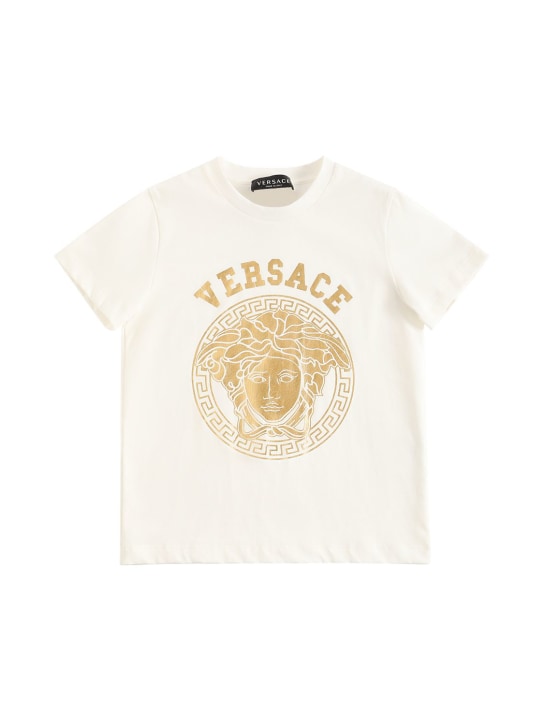 Versace: T-Shirt aus Baumwolljersey mit Logodruck - Weiß - kids-boys_0 | Luisa Via Roma