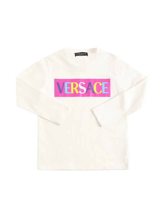 Versace: 로고 프린트 코튼 저지 티셔츠 - 화이트 - kids-girls_0 | Luisa Via Roma