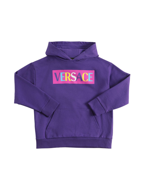 Versace: Sudadera de algodón con capucha y logo estampado - Morado - kids-girls_0 | Luisa Via Roma