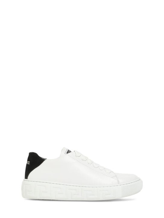 Versace: Logo leather lace-up sneakers - White - kids-girls_0 | Luisa Via Roma