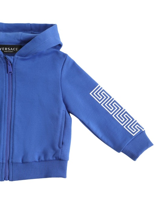 Versace: Logo & Greca print cotton zip hoodie - Blue - kids-boys_1 | Luisa Via Roma